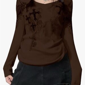 Brown Long Y2K Sleeve Top with Cross Design